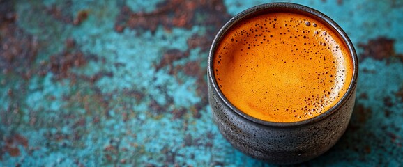 Espresso in dark ceramic cup on teal surface