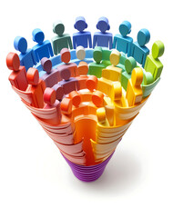 Colorful 3D Figures in a Funnel Representing Stages of a Process