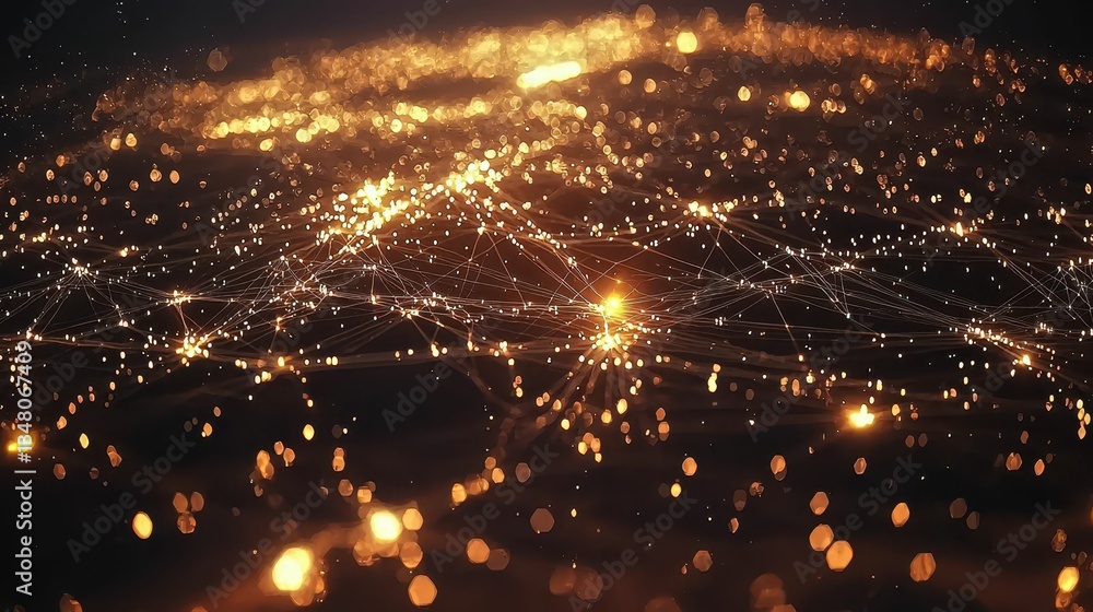 Poster glowing 3d matrix of interconnected data points and light effects