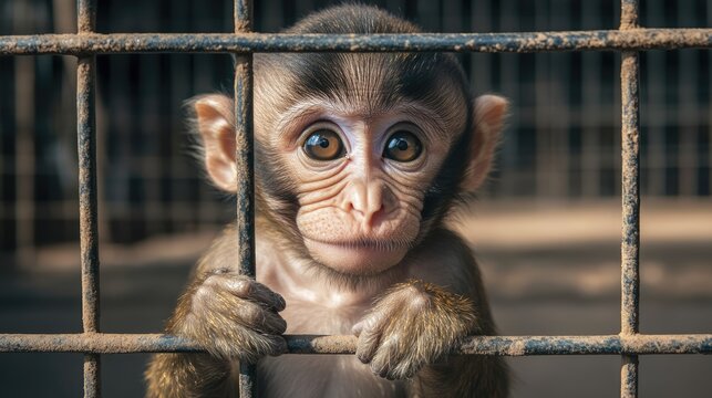 A Young Monkey Gazing Through the Bars