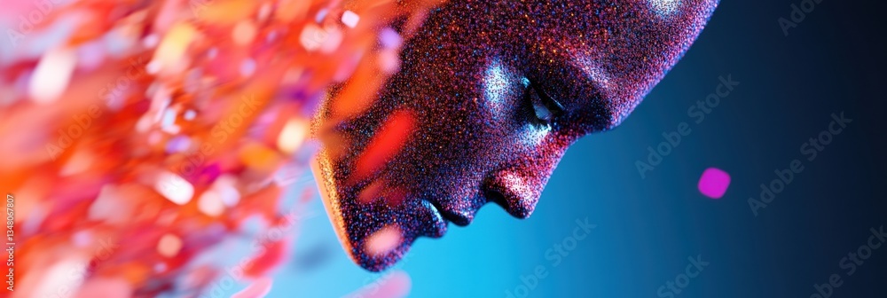 Poster neon-infused digital consciousness avant-garde ai portrait revealing emotional depth through prismat