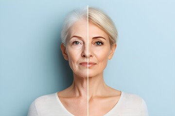 Mature woman's face split in two showing anti-aging effect. Before and after skincare treatment. Beauty concept for older female. Wrinkle reduction and rejuvenation on blue background.