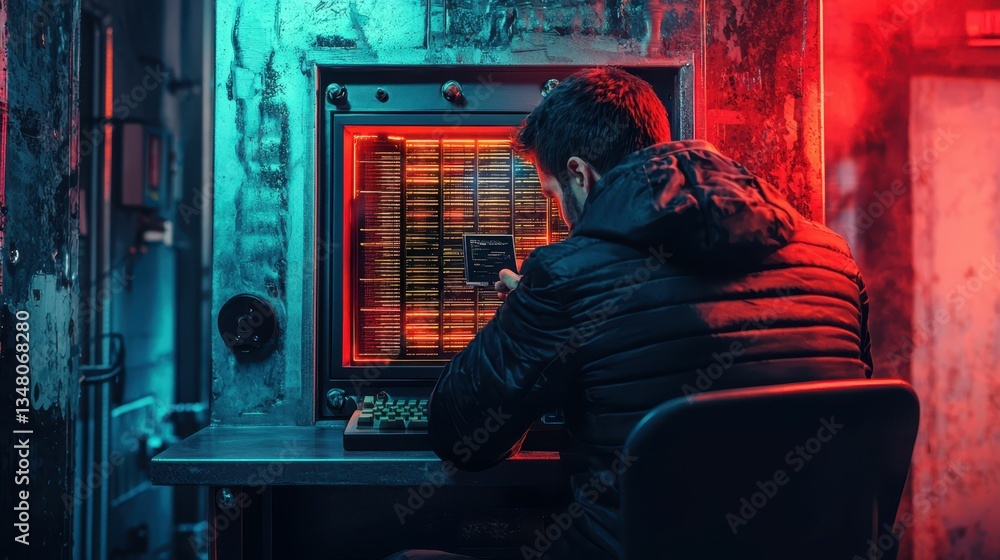 Poster hacker breaking into encrypted vault with red and blue lighting effects