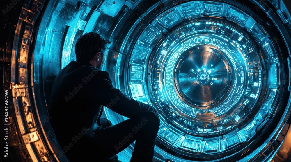Poster futuristic hacker breaking into encrypted vault with technology visualization
