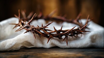 Fototapeta premium Minimalist still life of a crown of thorns on white fabric.