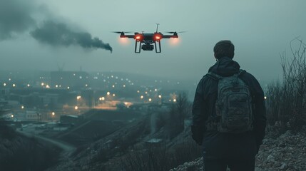 High-Tech Drone Transmitting Live Video Over Battlefield Landscape