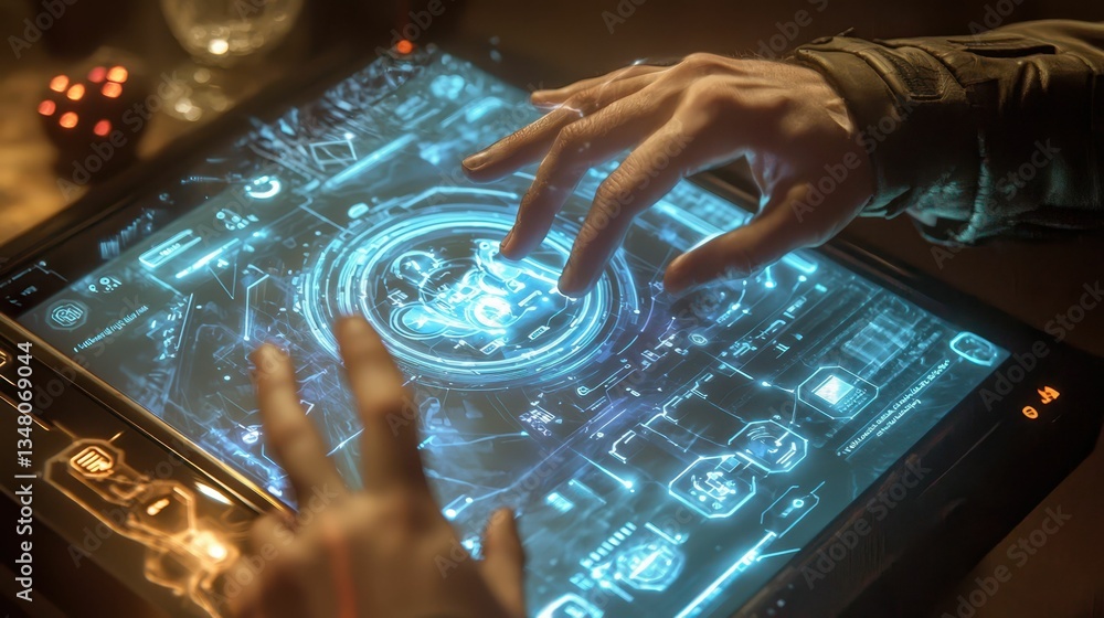 Aufkleber holographic interface with hands interacting in futuristic setting