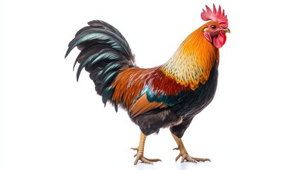 Fototapeta premium Rooster with Vibrant Feathers on White Background