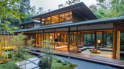 Fototapeta premium Modern Japanese Home Style with Open Indoor and Outdoor Living Space