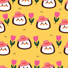 seamless pattern cute cartoon penguin wearing hat with flowers. animal pattern for spring wallpaper, background and gift wrap paper