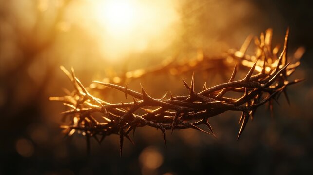 Sacred symbolism captured in a floating crown of thorns, illuminated by a golden backlight.

