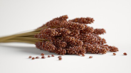 Bundle of brown millet-like grains on stems, some scattered on a white surface