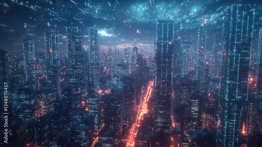 Poster massive cityscape powered by data streams and ai technology