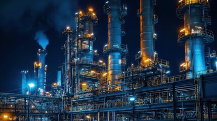 Massive Nighttime Oil Refinery with Towering Pipes and Structures
