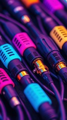 Obraz premium Cables lined up, vibrant connectors in pink, blue, purple, yellow, and black