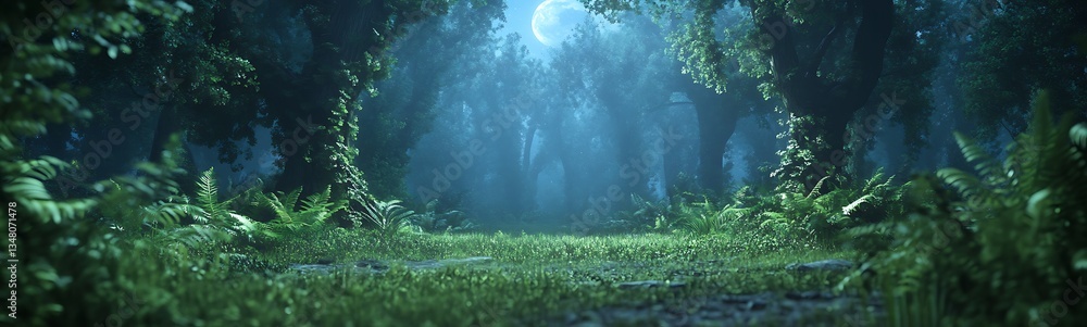 Poster Lush forest glade illuminated by soft blue light, surrounded by ferns and trees.