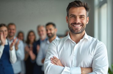 Smiling businessman with folded arms, looking to camera. Team applauds in background. Business success, corporate teamwork, collaboration. Positive atmosphere, leadership, recognition. Achievement,
