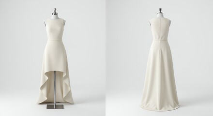Elegant Beige Dress on Mannequin Front and Back View Fashion Showcase