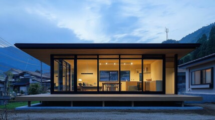 Fototapeta premium Modern Japanese Retreat with Panoramic Mountain View at Dusk