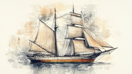 A Majestic Schooner Sailing the Open Seas: A Watercolor and Sketch Fusion