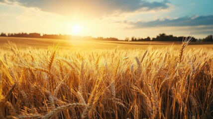 Obraz premium Sunlit wheat fields stretching infinitely under a warm, golden sky, creating a relaxing, peaceful wallpaper that evokes calm, nature, and open countryside serenity. 