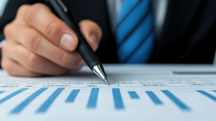 Business Professional Analyzing Financial Data with Pen on Document at Office Desk
