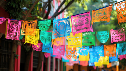 Fototapeta premium Brightly colored papel picado banners strung across a street, creating a joyful and festive atmosphere for a Cinco de Mayo celebration.