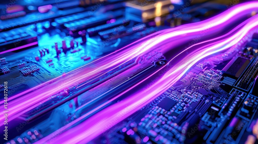 Poster futuristic neon data stream flowing through advanced technology