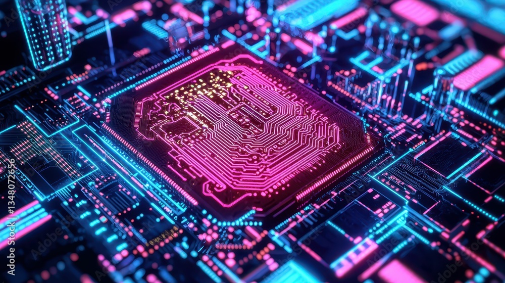 Poster futuristic neon circuit board with ai processing capabilities