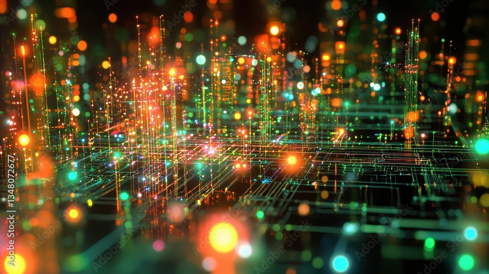 Poster colorful abstract neural network visualization with data processing elements
