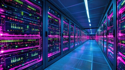 Fototapeta premium Neon-Lit Server Room Showcasing AI Processing Technology