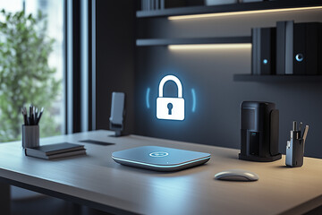 Cybersecurity and Smart Home Technology in a Stylish Office with a Digital Padlock Icon Over a Router