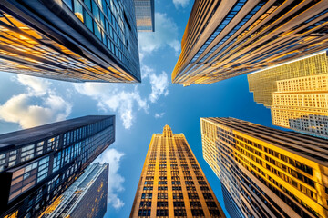 Araful view of a city street with tall buildings and a sky scraper