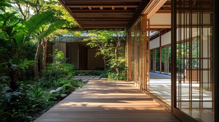 Fototapeta premium Peaceful Japanese Villa with Open Wooden Corridors Surrounded by Nature