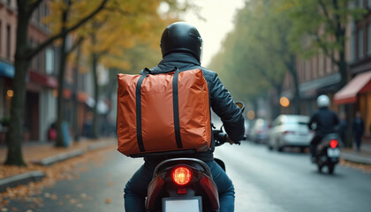 Food delivery man rides motorcycle scooter on city street with bag on his back. Courier delivers meal in city. Fast food order service, online restaurant orders, takeaway.
