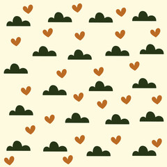a pattern of hearts and clouds on a yellow background