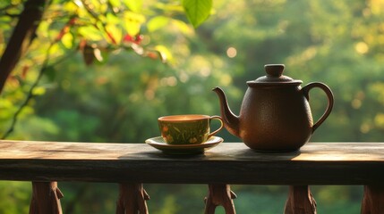Cozy tea cups and earthenware teapot set on a balcony for relaxation. Warm and peaceful outdoor setting with a serene atmosphere.