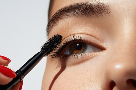 Woman applying mascara to eyelashes. Closeup of eye makeup application. Beauty routine and cosmetic concept. Enhancing natural lashes for glamorous look.