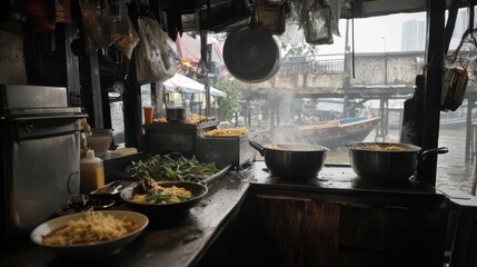Rustic Thai Street Food Stall Serving Hot Bowls on Waterway