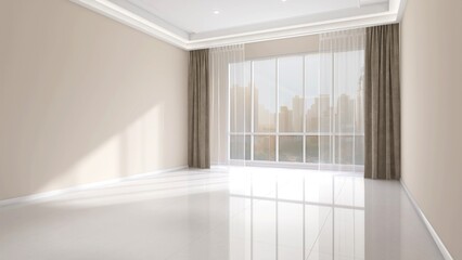 Empty apartment room with large window to cityscape view, sheer, beige brown blackout curtain, concealed ceiling with downlight, hidden led light for interior design decoration, product background 3D