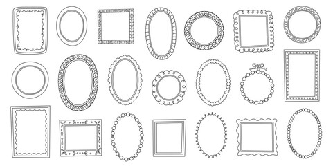 Border oval and square frames set isolated on white background. Hand drawn illustration borders empty inside in doodle style. Black frames different forms