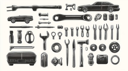 Automotive Tools and Car Parts Illustration