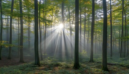 Obraz premium Sunbeams burst through trees in lush green forest