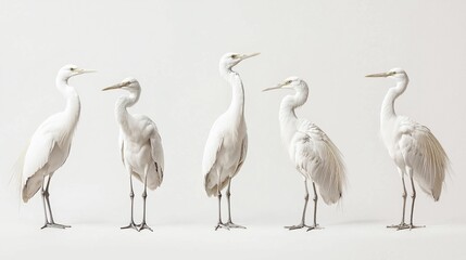 Obraz premium Five White Egrets in a Row Against a Plain Background