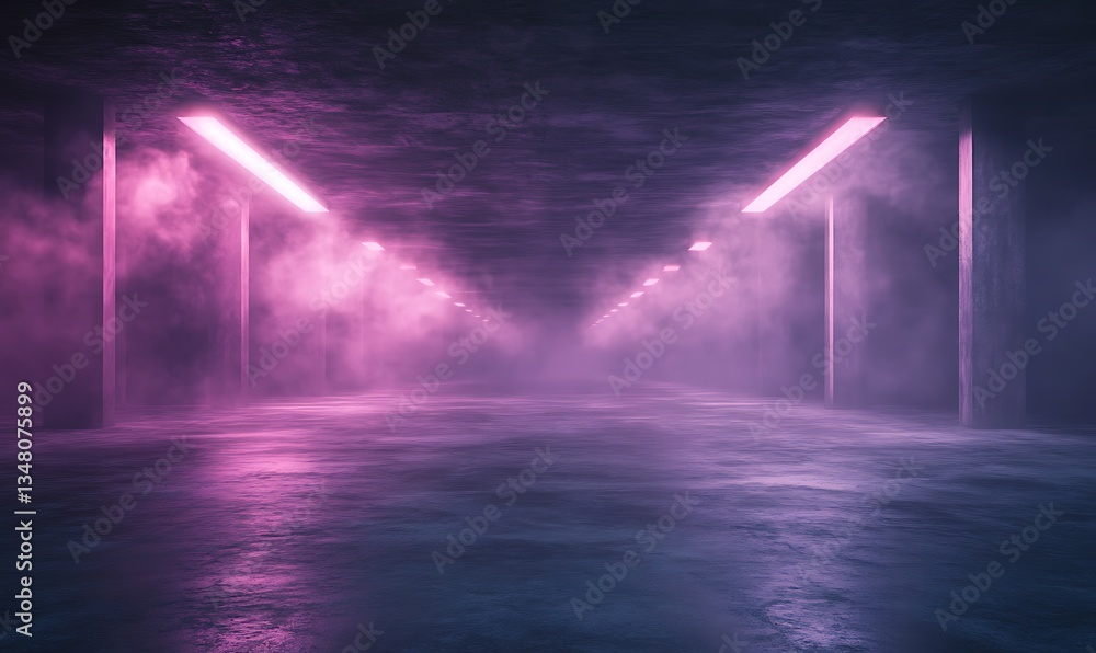 Aufkleber mysterious hallway illuminated by pink lights and fog, creating an eerie atmosphere.