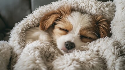 A cute puppy sleeping peacefully on a fluffy blanket, warmth and comfort theme.
