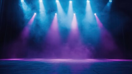 Empty stage lit with vibrant purple and blue spotlights. Possible use Background for product presentation