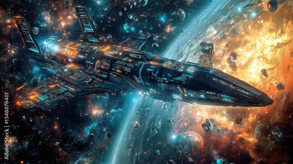 Poster futuristic spaceship in cosmic environment with advanced technology