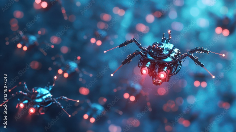 Poster swarm of nanobots collecting and transmitting data in futuristic design