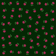 a pattern of radishes with leaves on a green background